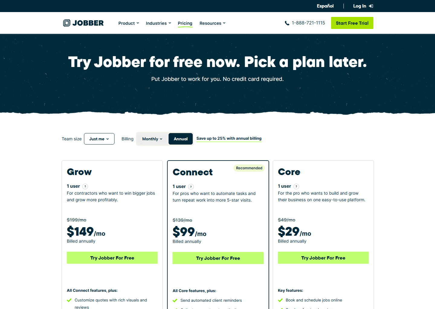Jobber pricing page showing Core, Connect and Grow plans with annual billing selected