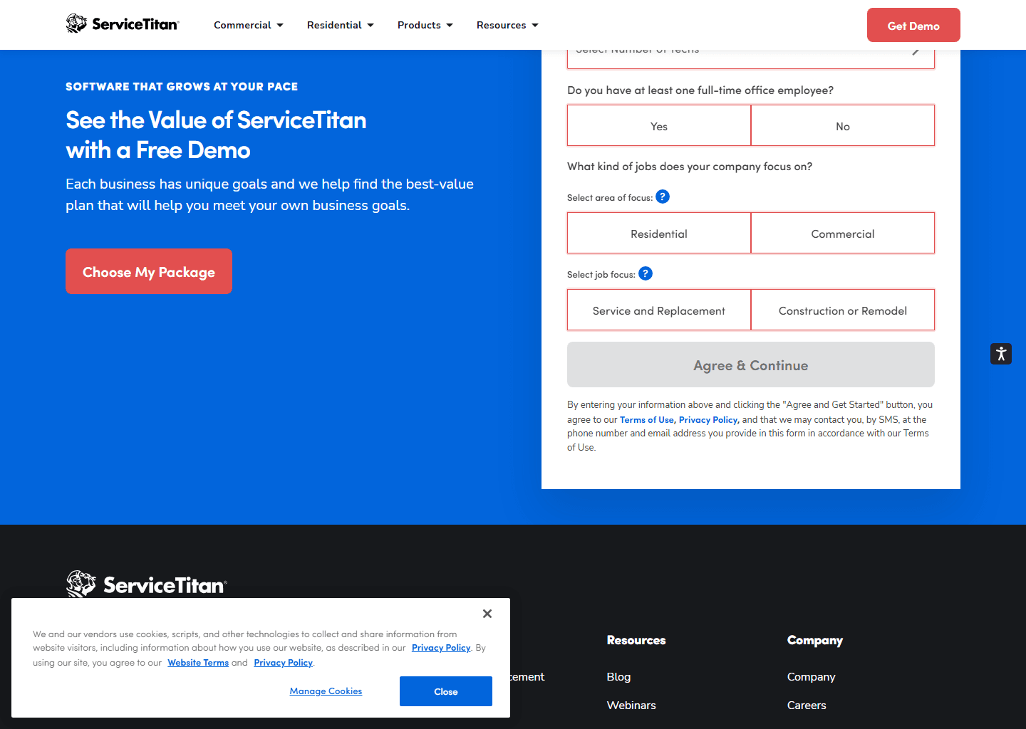 ServiceTitan's pricing page showing Starter, Essentials, and The Works tiers with no public prices