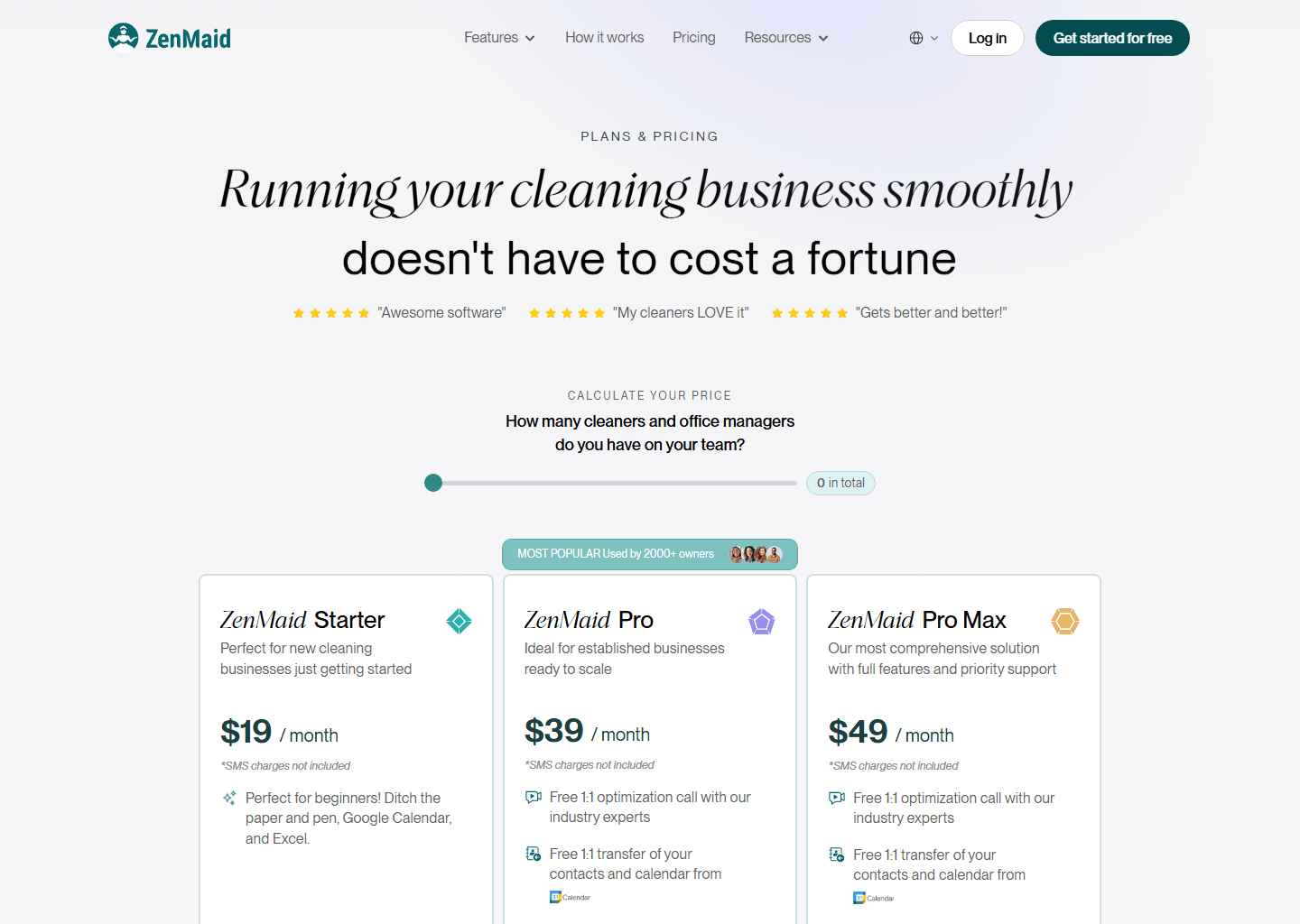 ZenMaid's pricing page with its per-cleaner price calculator and three plan tiers